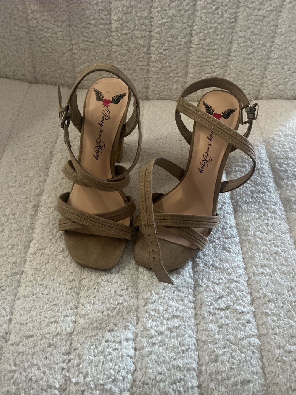 Penny Loves Kenny Taupe Strappy Suede Block Heel Sandals
